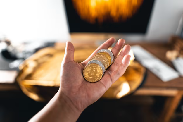 Hand holding bitcoin coins on computer background