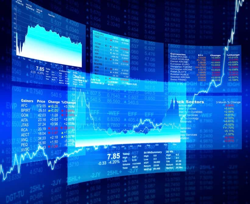 Financial trading screens with graphs and data analysis