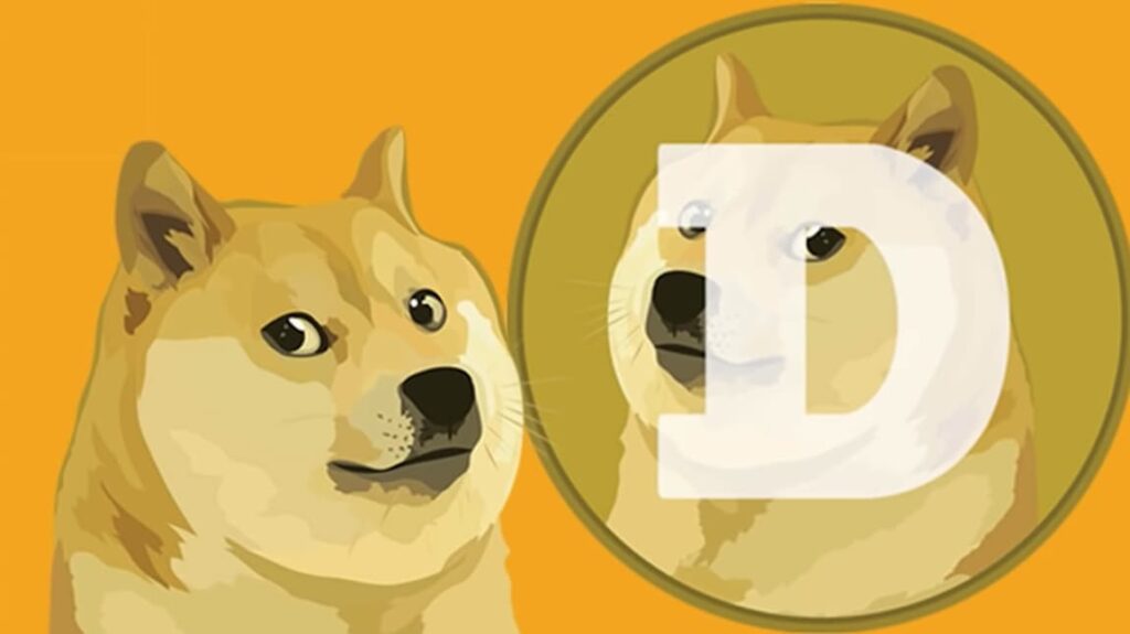 A Shiba Inu dog and the Dogecoin logo on an orange background