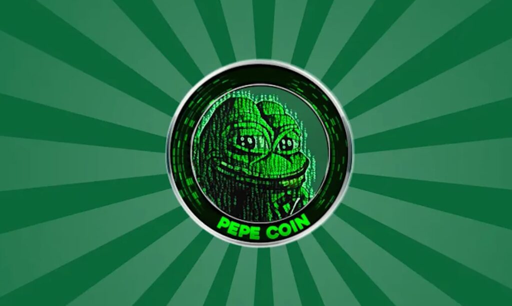 A digital coin featuring Pepe the Frog with a matrix-inspired design